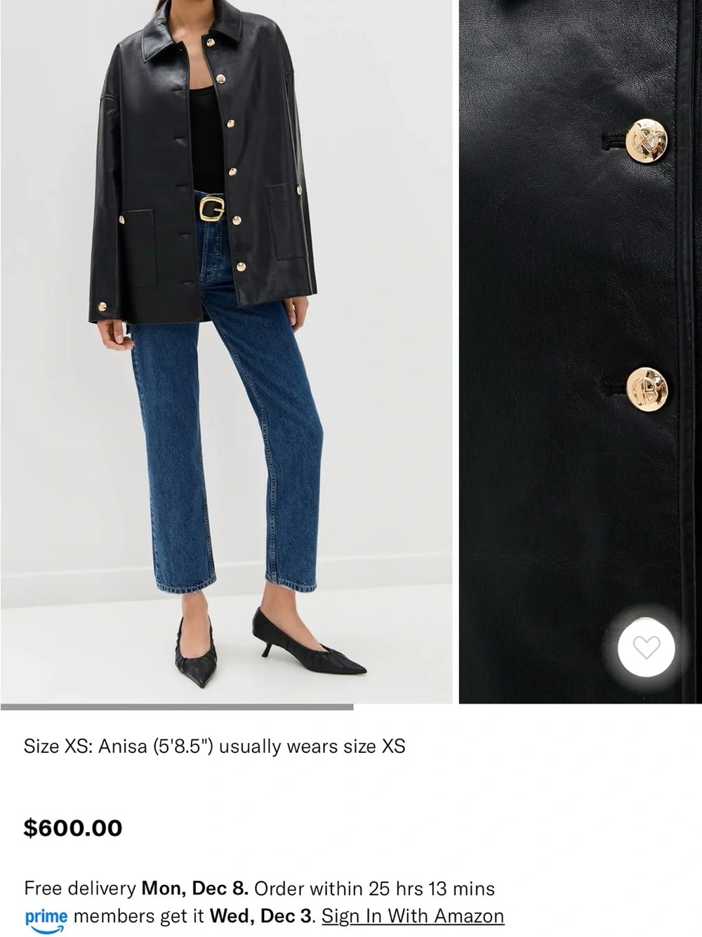 Anine Bing Luca Black Leather Button-Front Jacket with Gold Hardware